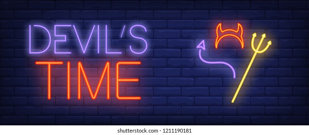 Devil time neon text with horns, tail and trident. Halloween party invitation advertisement design. Night bright neon sign, colorful billboard, light banner. Vector illustration in neon style.