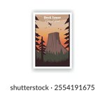 Devil Tower National Park. Hand drawn, Vector illutration. Vintrage travel poster. Wall Art and Print Set for Hikers, Campers, and Stylish Living Room Decor.