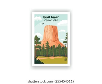 Devil Tower National Park. Hand drawn, Vector illutration. Vintrage travel poster. Wall Art and Print Set for Hikers, Campers, and Stylish Living Room Decor.