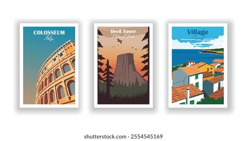 Devil Tower National Park, Village of Canonical, near Ponta de Sao Lourenco, Colosseum, Italy. Hand drawn, Vector illutration. Vintrage travel poster.