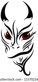 Devil tribal tattoo with red eyes on white background