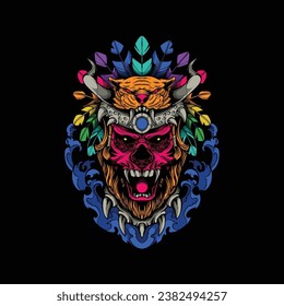 demonio con plumas de tribu y ilustración de la corona de tigre