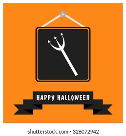 Devil Trident icon. Black Happy Halloween Ribbon Banner on Orange background. Vector illustration