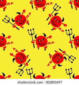 Devil with trident on a yellow background. Seamless pattern.