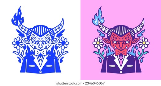 Devil in tuxedo with sunflower, illustration for logo, t-shirt, sticker, or apparel merchandise. With doodle, retro, groovy, and cartoon style.