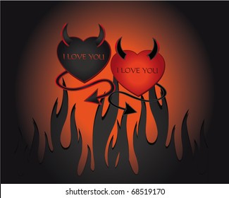 Devil Two Hearts,Valentine Card Black Hell, vector template