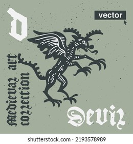 Devil vector engraving style illustration. Medieval art with blackletter calligraphy. Perfect for retro labels, vintage logos, music album covers, circus posters, potions packaging, etc.