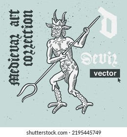 Devil Vektorgravur Stilgrafik. Mittelalterliche Kunst mit schwarzer Kalligrafie. Ideal für Retro-Labels, Vintage-Logos, Musik-Albumhüllen, Zirkusplakate, Tränenverpackungen etc.