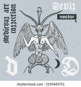 Devil vector engraving style illustration. Medieval art with blackletter calligraphy. Perfect for retro labels, vintage logos, music album covers, circus posters, potions packaging, etc.