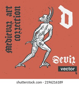 Devil Vektorgravur Stilgrafik. Mittelalterliche Kunst mit schwarzer Kalligrafie. Ideal für Retro-Labels, Vintage-Logos, Musik-Albumhüllen, Zirkusplakate, Tränenverpackungen etc.