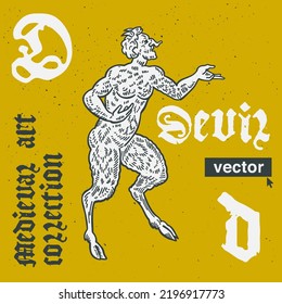 Devil vector engraving style illustration. Medieval art with blackletter calligraphy. Perfect for retro labels, vintage logos, music album covers, circus posters, potions packaging, etc.