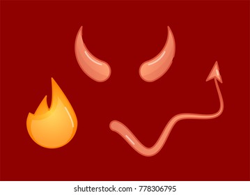 Devil vector illustration symbols, horns, tail and fire on dark red background.
