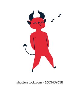 Devil whistling tune flat vector illustration. Carefree life, leisure and recreation, rest and entertainment concept. Red mythical creature, walking demon humming song on white background.