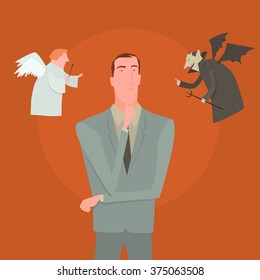 Devil and white angel pointing to different direction leaving cartoon man confused. Creative vector illustration for difficult decision concept isolated on orange background.