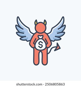 Devil with wings holding money bag. An illustration of a devil with wings holding a money bag. This image is perfect for representing temptation, greed, or the allure of wealth.