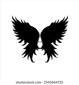 Devil wings, Natural black wing plumage with clipping part, White background. Bird wings vector silhouette set. Wing flat illustration. Black Silhouette Eagle Solid Icon Set Vector