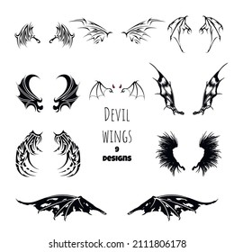 Devil Wings Tattoo. Demon Isolated Stencil. Black Gothic Drawing. Dark Angel Sign. Vampire Design Icon. Vector Illustration 