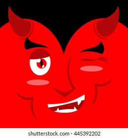 Devil winks. It suggests emotion on red background. Demon makes warning. Satan warns. Mephistopheles Prince of darkness and underworld. Lucifer boss with horns.  Diablo Lord of Hell.