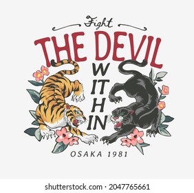 devil within slogan with tiger and panther vector illustration