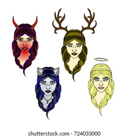 The devil, wolf, angel and girl deer vector illustration. Template for card poster banner print for t-shirt, tattoo, icon