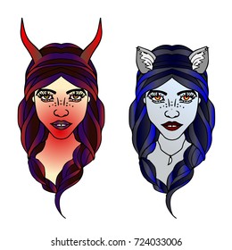 The devil and wolf girl vector illustration.  Template for card poster banner print for t-shirt, tattoo design, logo. Happy halloween.