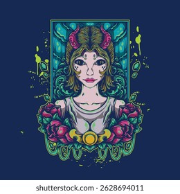 devil woman with floral decoration artwork illustration