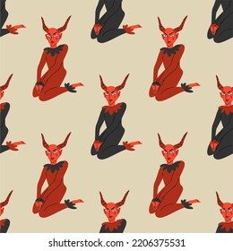 Devil woman in full length, seamless pattern. Vector clipart for Halloween. Red Devil. Fashion print in funky doodle style.