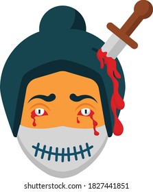 Devil Woman Knife to Head Concept, Creepy Coronavirus Prävention Gesicht Maske Vektorsymbol Design, Feiertage und Halloween Kostüme Symbol auf weißem Hintergrund