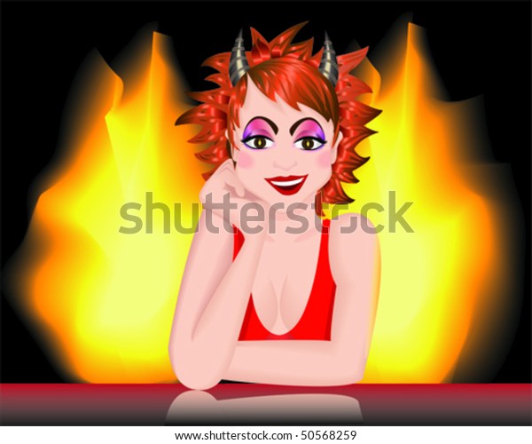 Devil woman listening and smiling with fire\
in the background with fire in her\
Eyes