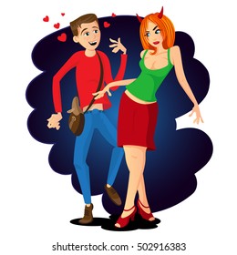 Devil woman rejected the man who fell in love with her. Vector illustration of cartoon characters.