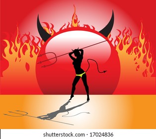 Devil woman shape holding a trident and standing in front of fire flames