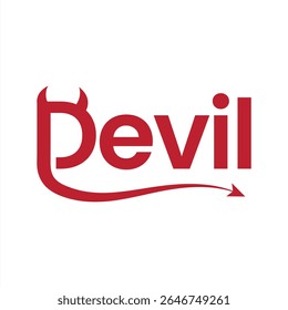 Devil Wordmark Logo with Horns and Tail Red on White Background