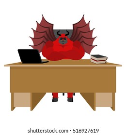 Devil of workplace. Satan boss sitting in office. Red demon at work. leader at job table. Laptop and phone. Cup of coffee. Director of hell. Chair of human skin. Diablo service businessman
