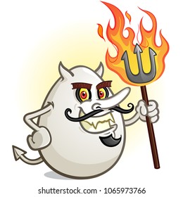 A Deviled Egg Cartoon Character Holding a Flaming Pitch Fork