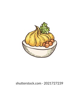 Deviled egg drawing - gourmet starter food or appetizer stuffed with yellow sauce and garnish isolated on white background. Restaurant dish snack, vector illustration.