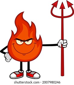 Deviled Fire Cartoon Character Holds А Trident. Vector Hand Drawn Illustration Isolated On Transparent Background