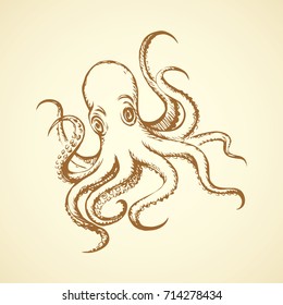 Devilfish common, old giant reef predator beast isolated on white backdrop. Freehand outline black ink hand drawn picture logo sketchy in art retro cartoon doodle style pen on paper and space for text