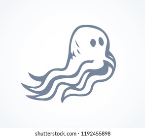 Devilfish common, small reef predator beast isolated on white backdrop. Freehand outline black ink hand drawn logo emblem sketchy in art retro contour doodle comic style pen on paper space for text