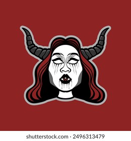 Devilish Beauty: A captivating illustration of a woman with horns, red hair, and piercing eyes. The dark and mysterious aesthetic evokes a sense of power and allure. Perfect for designs related to fan