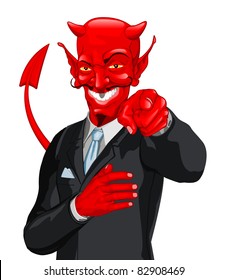 A devilish business man in a suit doing the classic finger point at the viewer