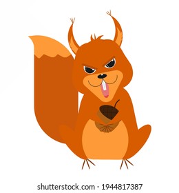 Devilish character from the cartoon . Vector illustration. Sticker. A squirrel with evil eyes and an acorn.