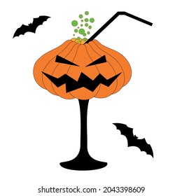 A devilish cocktail in a pumpkin for Halloween.a glass on a stem on a white background. a terrible illustration of the drink. a vector image.