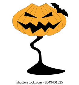 A devilish cocktail in a pumpkin for Halloween.a glass on a bent leg on a white background. bat. a terrible illustration of the drink.
