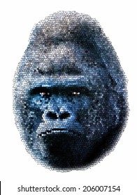 Devilish and mystic glint in eyes of gorilla male, severe silverback, isolated on white background. Menacing look of the great ape, the most dangerous and biggest monkey. Amazing mosaic vector image.