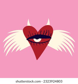 A devilish quirky strange clockwork heart with one eye and wings