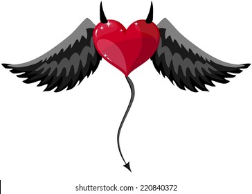 Devilish Red Heart With Black Horns, Wings And Tail At Halloween, Vector Illustration