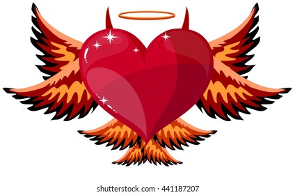 Devilish Red Heart With Black Horns, Wings And Tail At Halloween, Vector Illustration