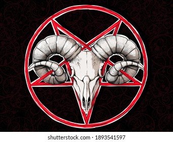 devilish symbol pentagram upside down star and goat or ram skull on dark patterned background