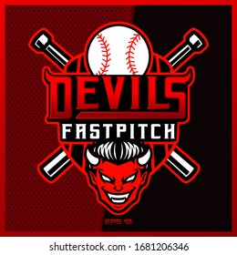 Devils Baseball esport and sport mascot logo design with modern illustration concept style for team, badge, emblem and thirst printing.illustration for sport team on dark Red Backgrond. Vector Logo