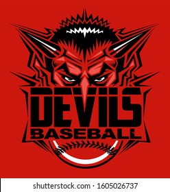 devils baseball team design with ball and half mascot for school, college or league